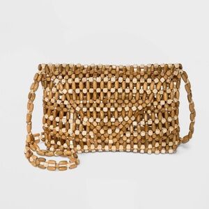 Wooden Woven Beaded Envelope Bag With Long Strap Crossbody Vacation Purse